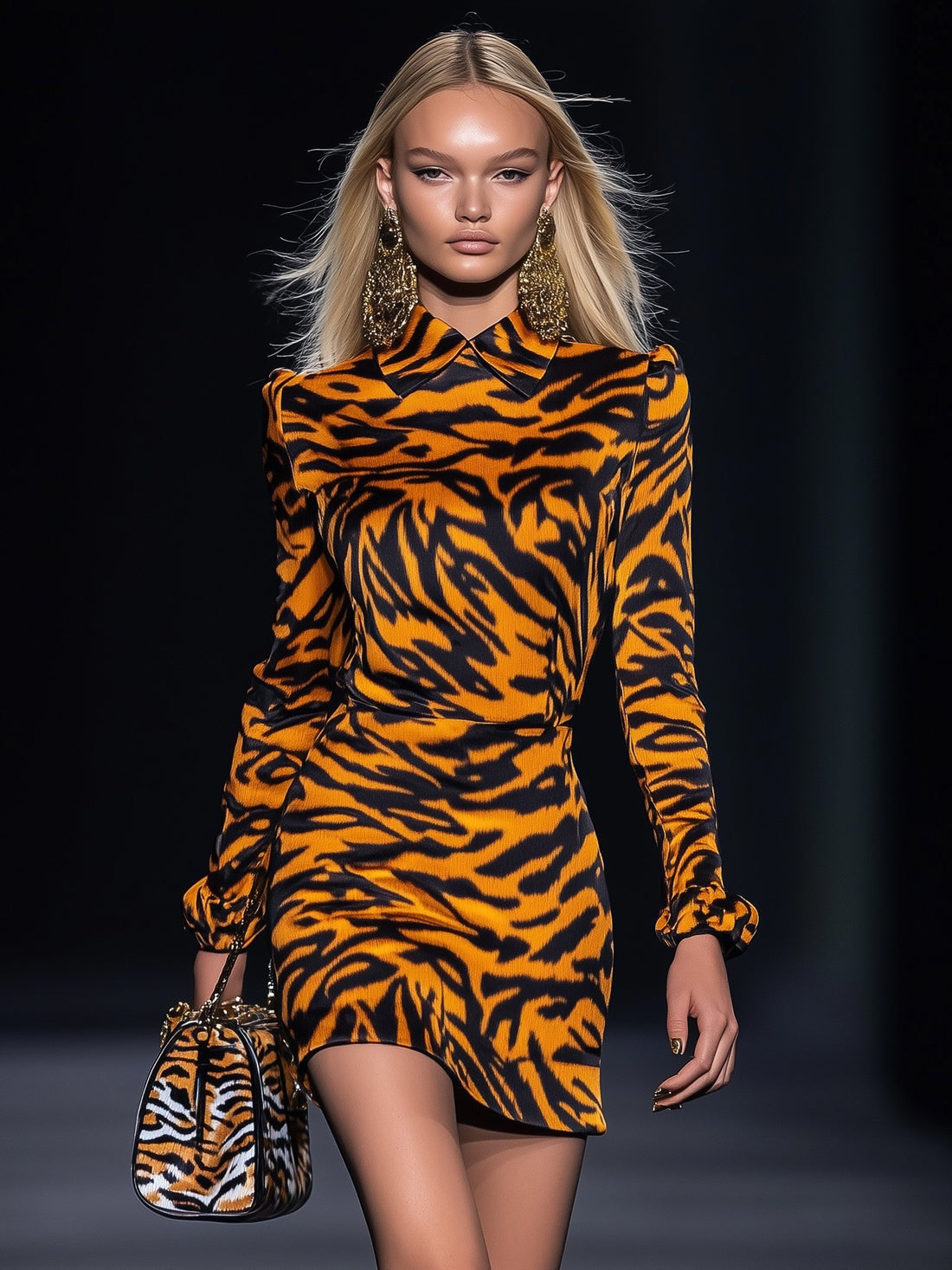 Vibrant Tiger Print Lapel Long Sleeve Mini Dress