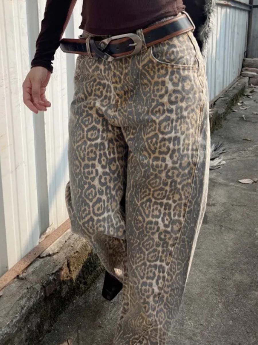 Vintage Street Loose Leopard Print Jeans