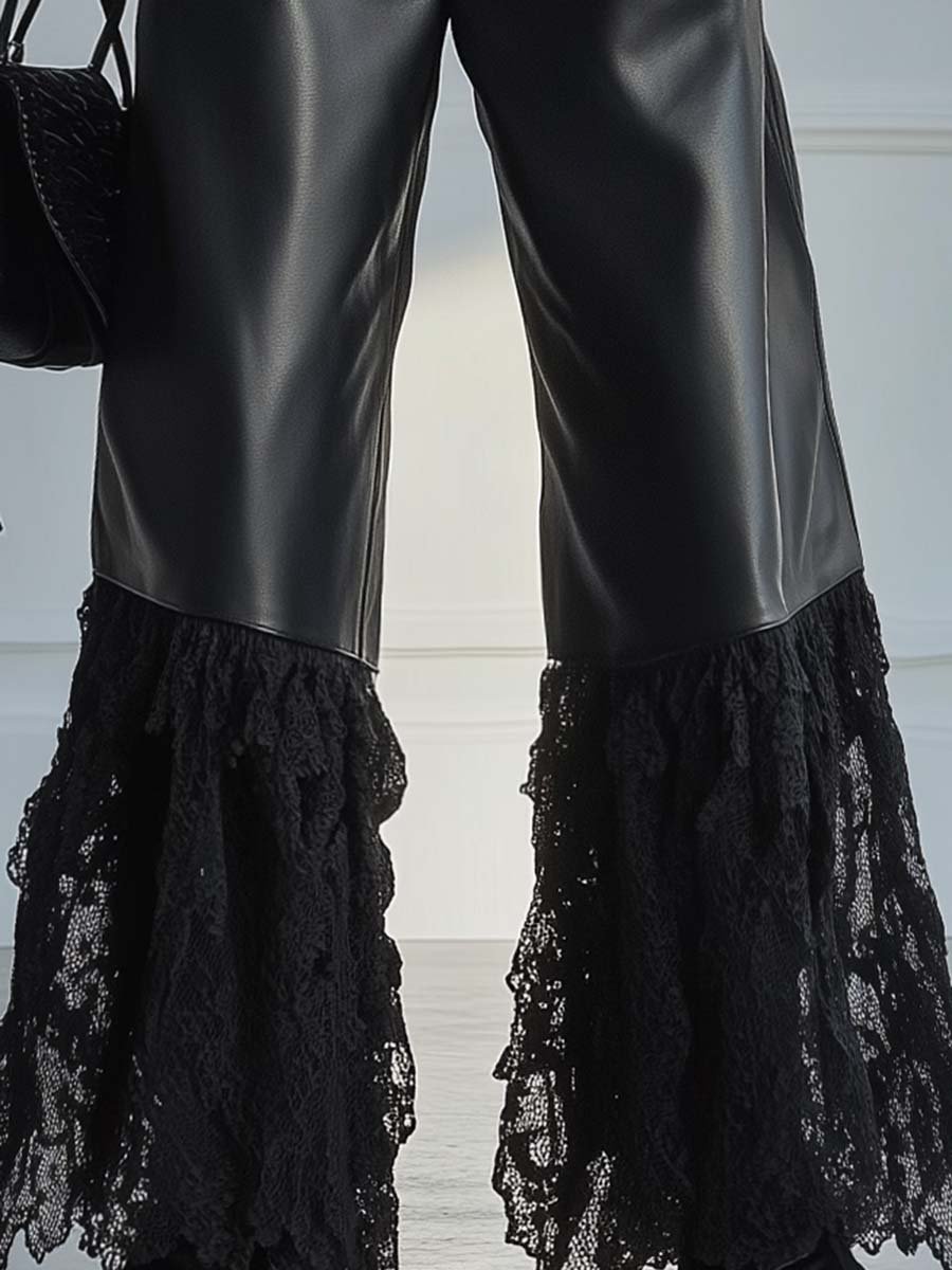 Fashionable Cool Lace Stitching Black Leather Wide-leg Pants