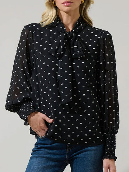 Loose Fashion Bowknot Printed Chiffon Lace-up Long Sleeve Blouse