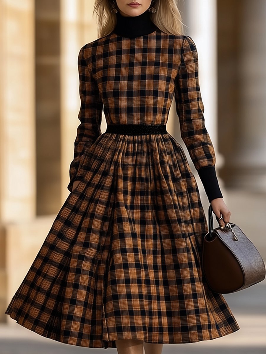 Retro Fashionable And Elegant Colorblock High Collar Plaid Dress