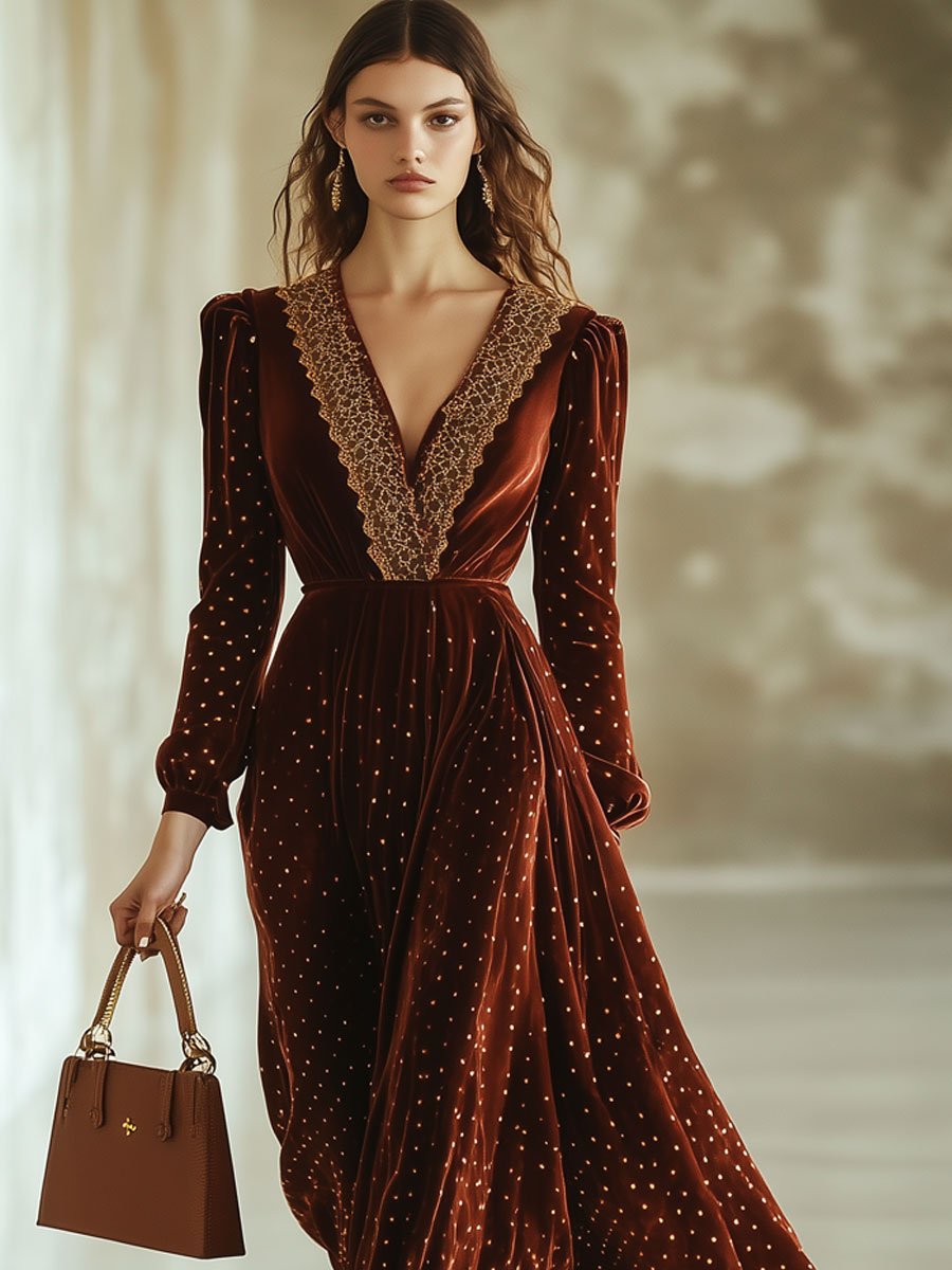 Fashion Retro V-neck Lace Splicing Long Sleeve Maxi Dress