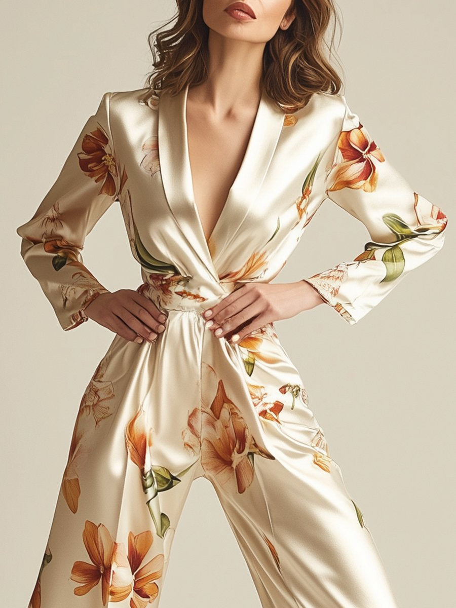 Elegant and Fashionable Lapel Beige Satin Print Long-sleeved Jumpsuit