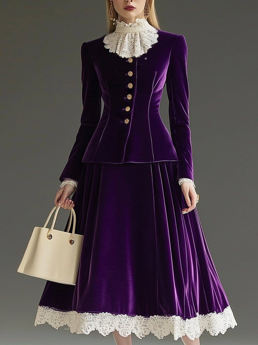 Retro Elegant Lace Collar Mid-Length Purple Velvet Set