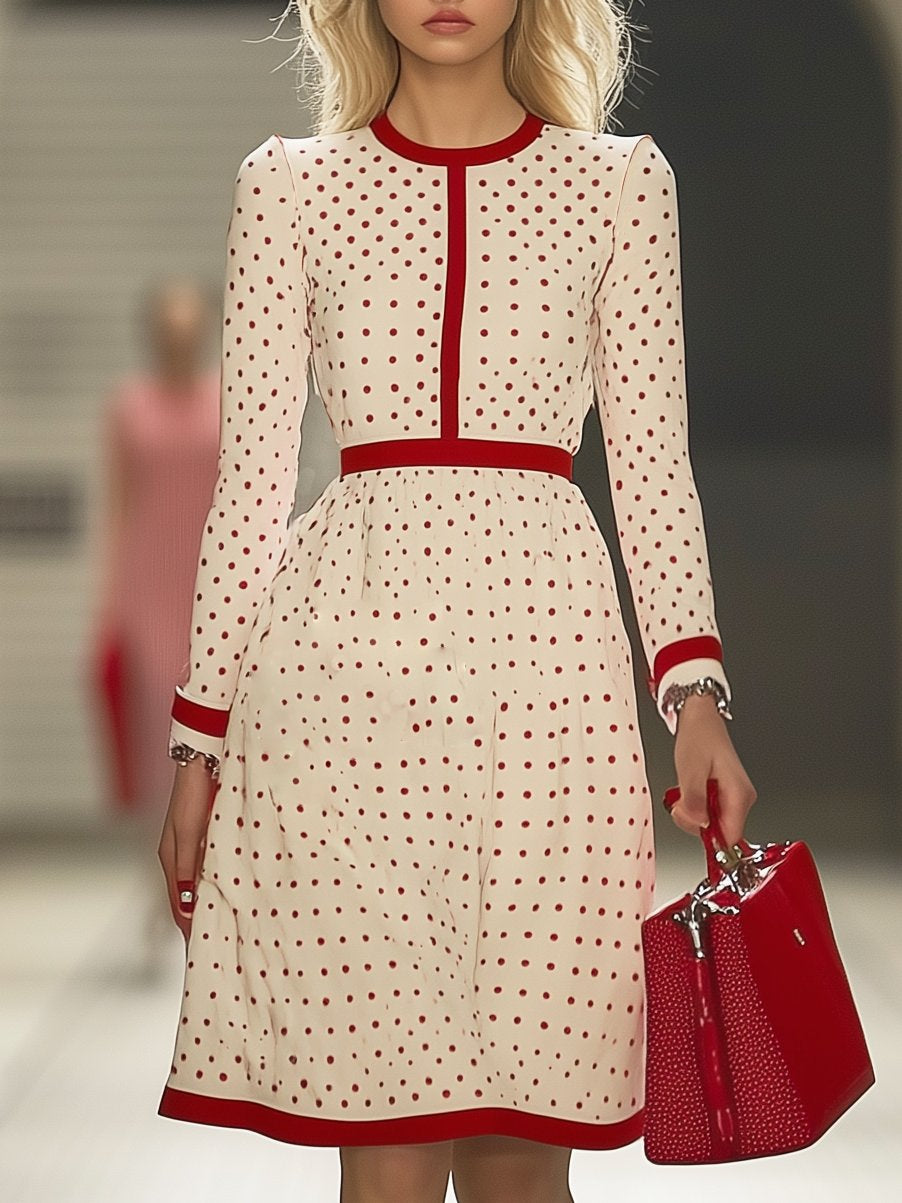 Retro Elegant Red Polka Dot Hemming Long Sleeve Midi Dress