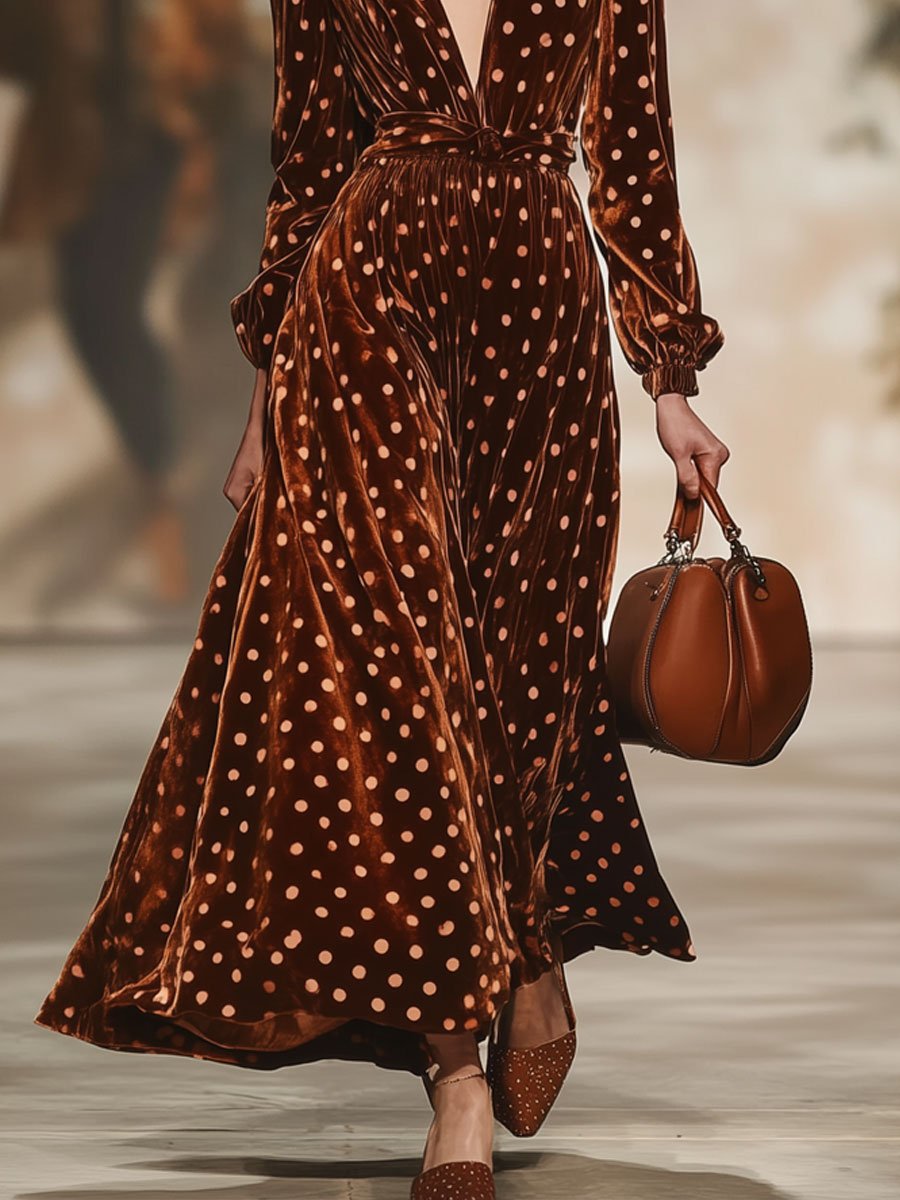 Fashion Retro Velvet Polka Dot V-Neck Long Sleeve Maxi Dress