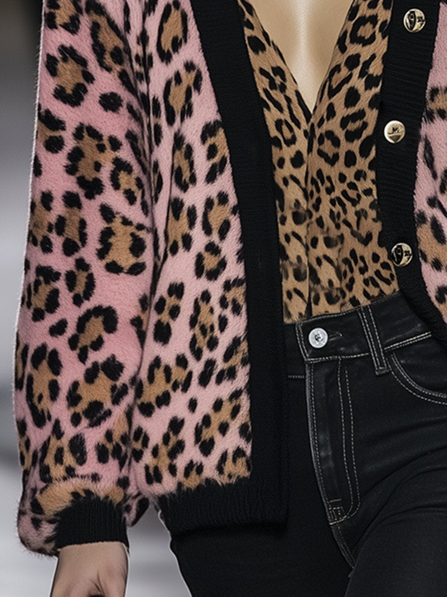 Retro Loose Lazy Style V-Neck Leopard Print Knit Cardigan