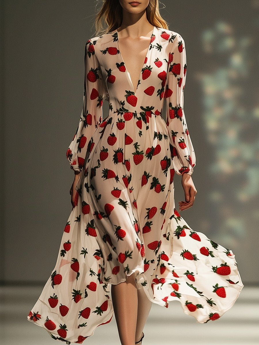 Romantic Strawberry Printed Chiffon V-neck Long Sleeve Midi Dress