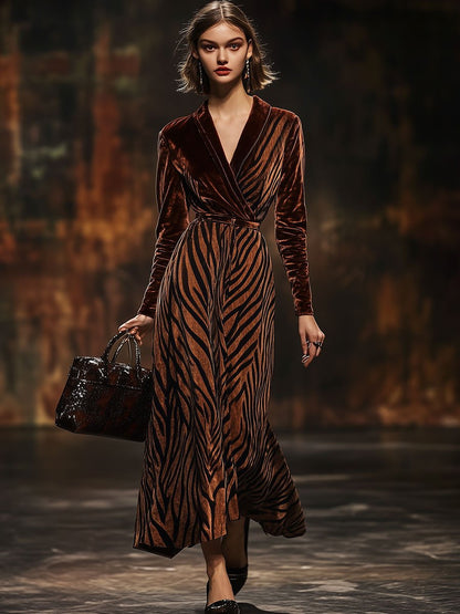 Loose Vintage Velvet Zebra Print V-Neck Long Sleeve Maxi Dress