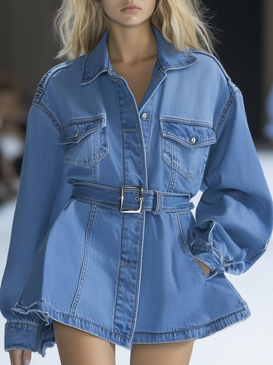 Casual Fashionable Silhouette Belted Light Denim Jacket