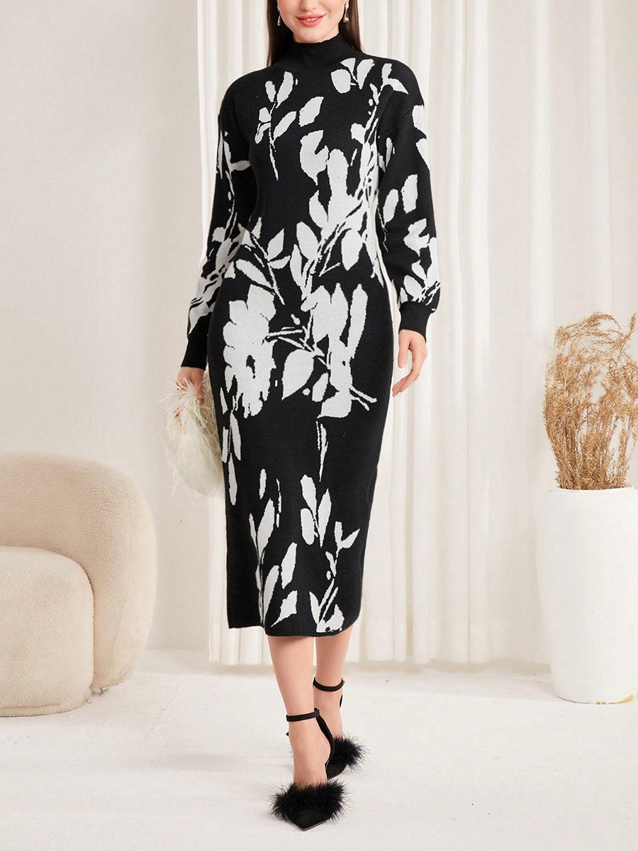 Loose And Fashionable White Floral Knitted Midi Dress