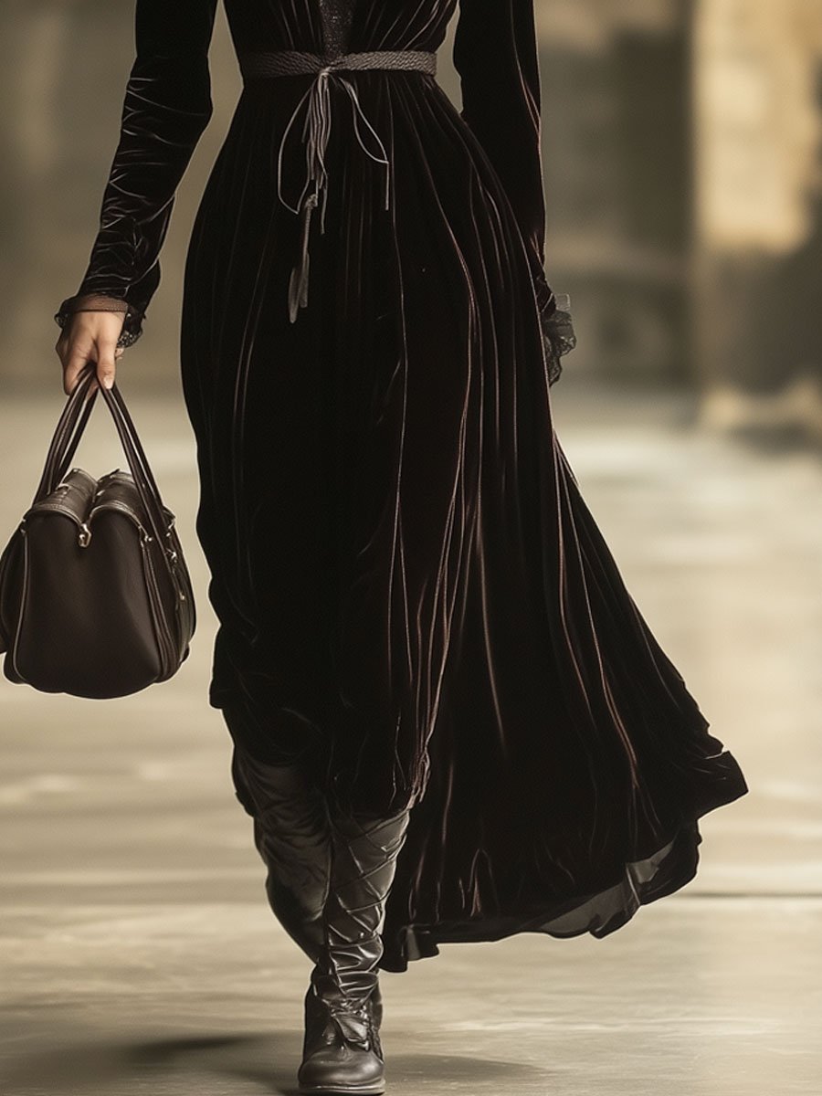 【24-hour shipping】V-Neck Lace Panel Solid Velvet Long-Sleeved Maxi Dress