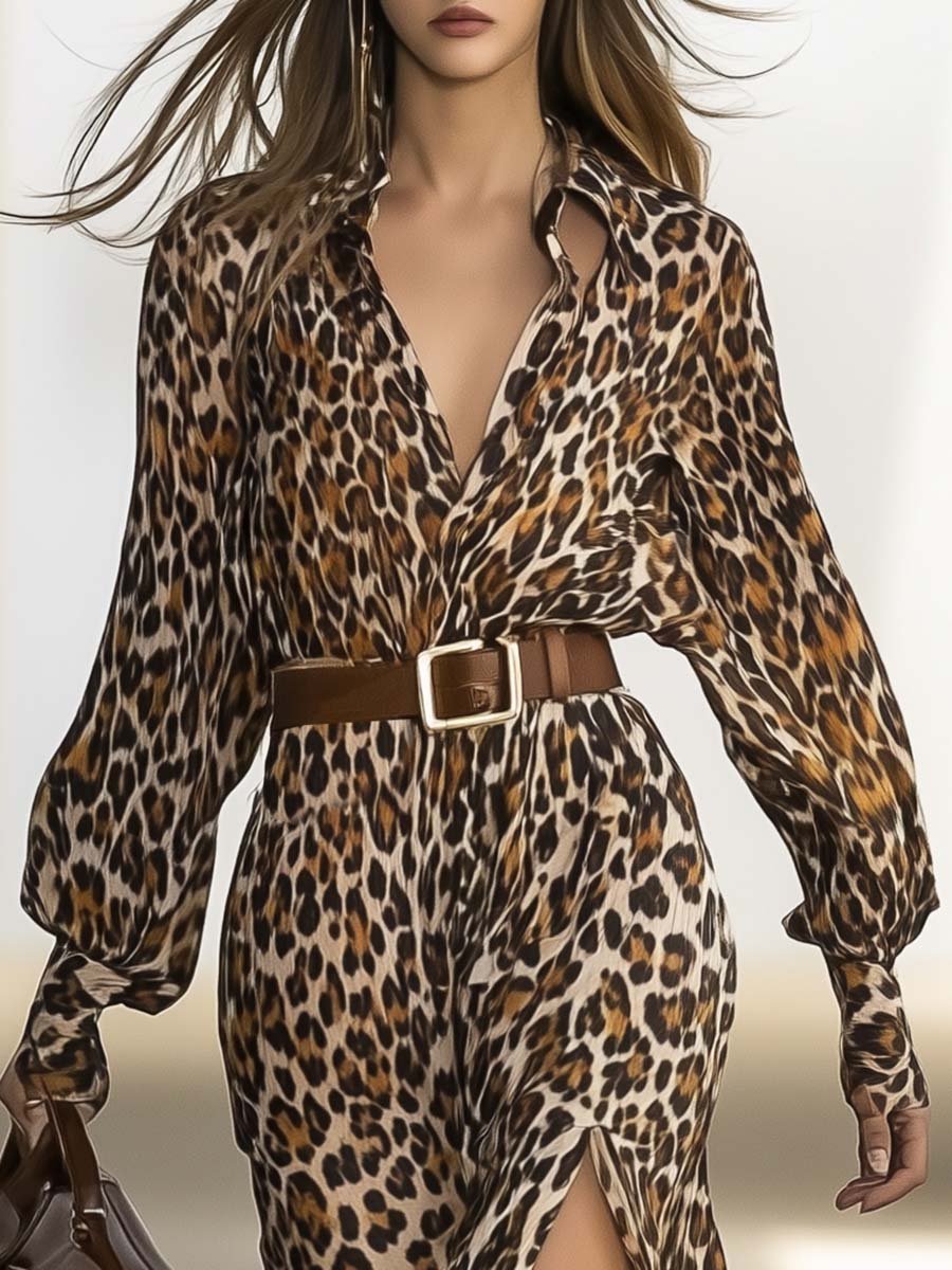 Elegant Personality V-neck Belt Leopard Print Chiffon Maxi Dress