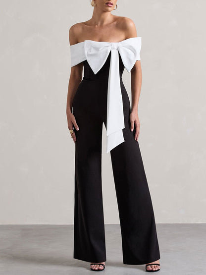 Fashion Retro Off-Shoulder White Bow Black Sleeveless Wide-Leg Jumpsuit