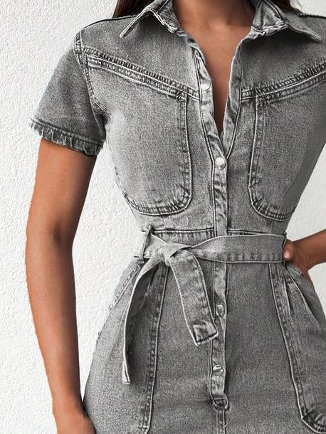 Fashion Lapel Grey Denim Short Sleeve Mini Dress