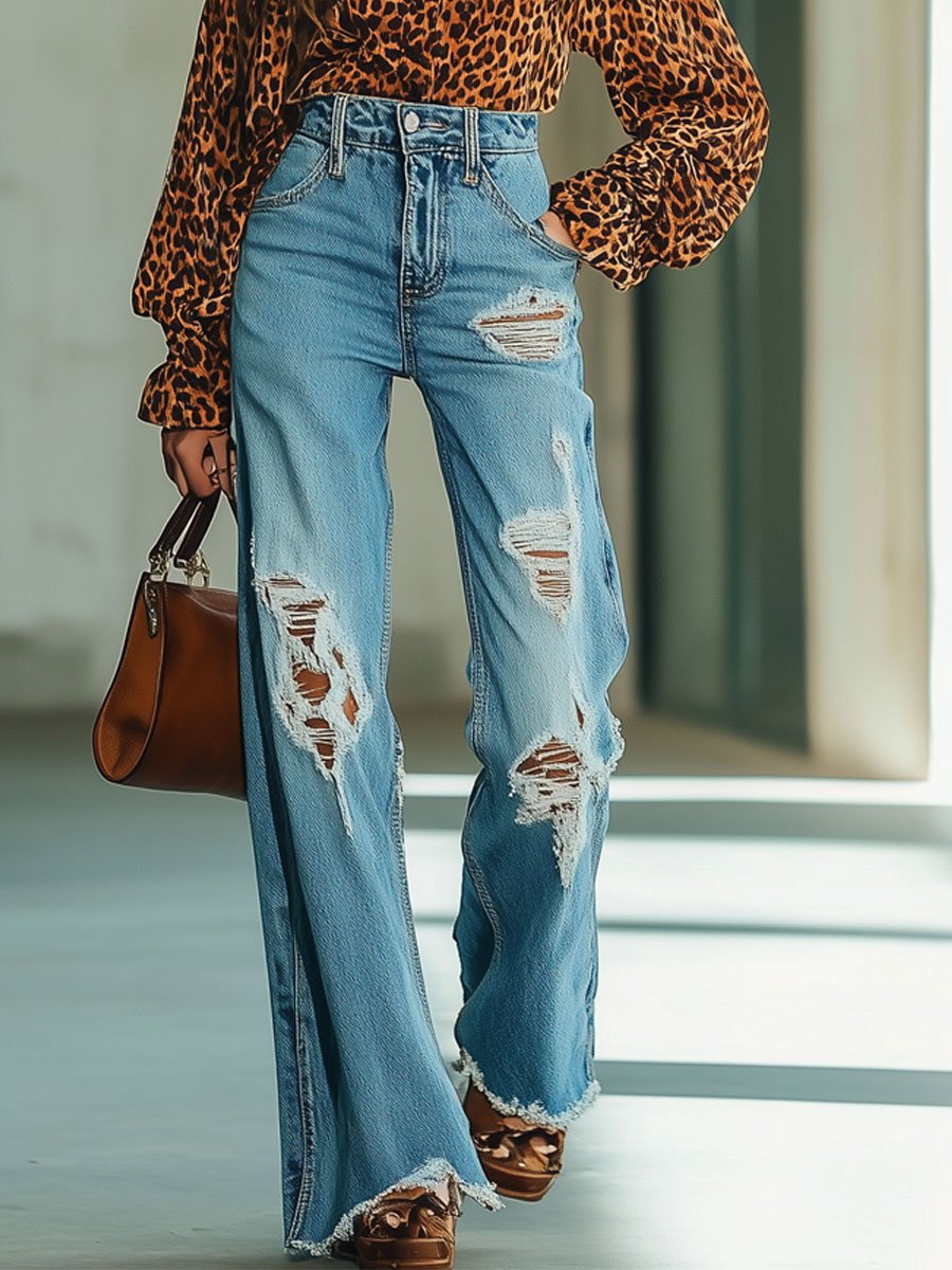 Casual Fashion Retro Ripped Raw Edge High Waist Straight Flared Jeans