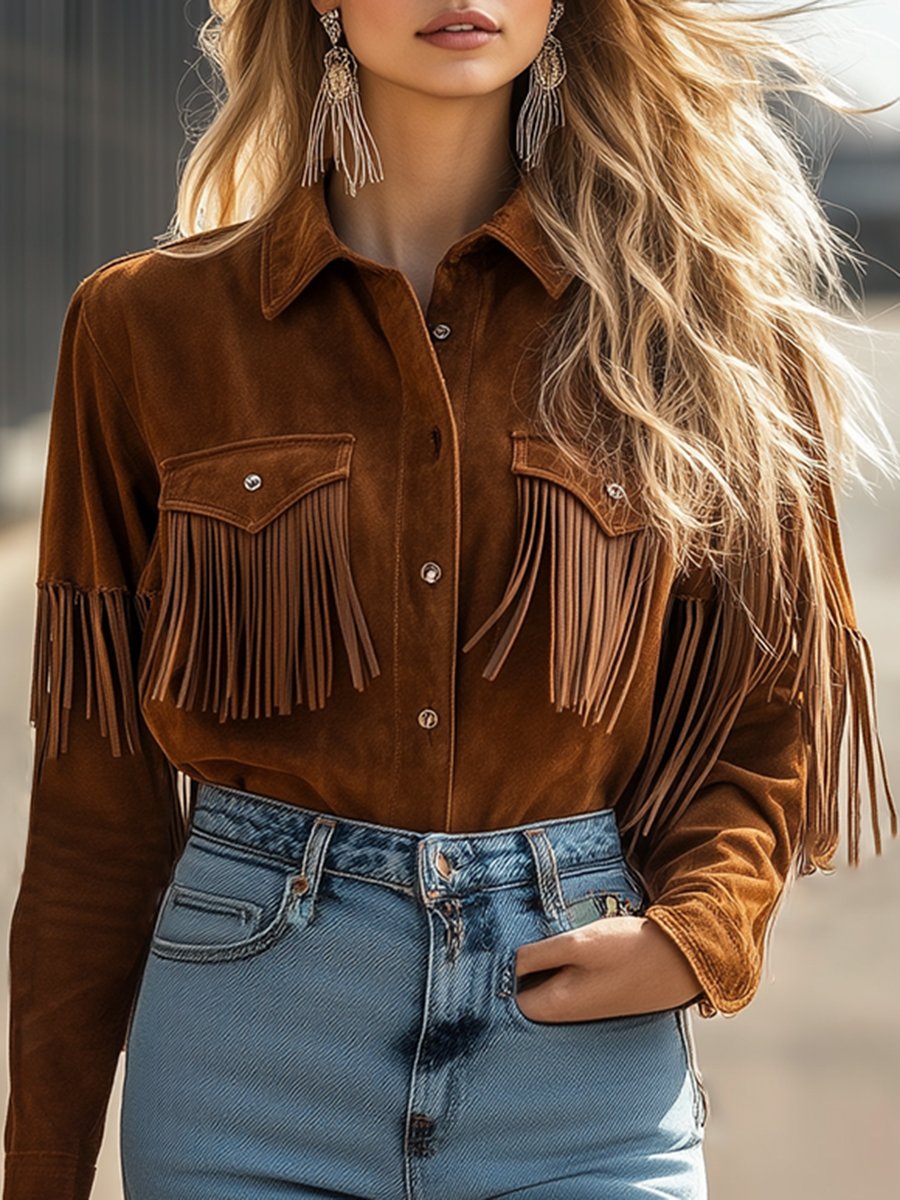 Vintage Western Fringe Brown Suede Shirt