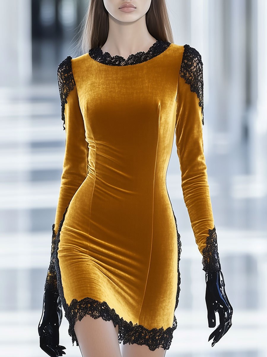 Fashion Retro Golden Velvet Lace Long Sleeve Round Neck Mini Dress