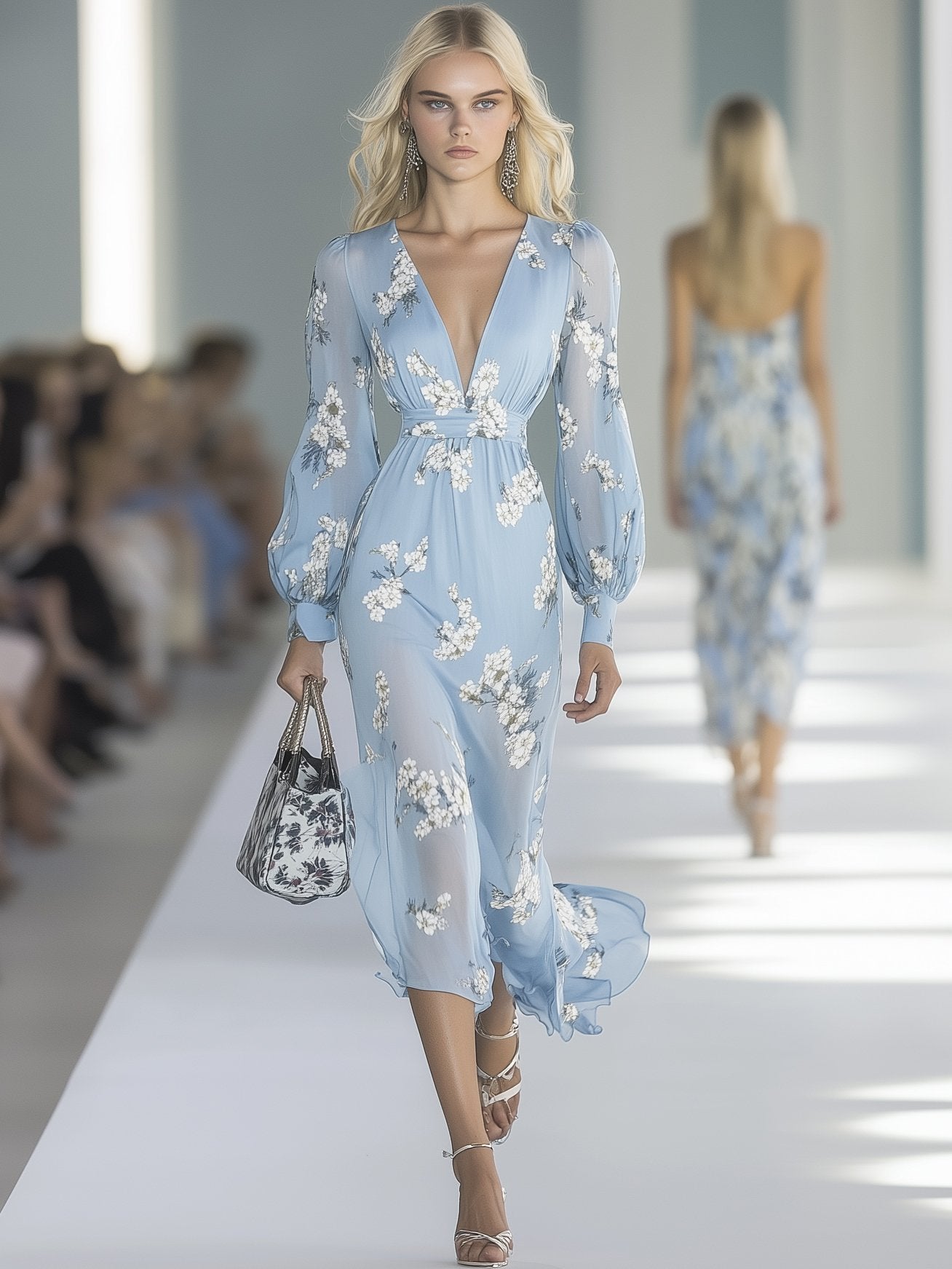 Romantic Chiffon Print Light Blue Long Sleeve Maxi Dress