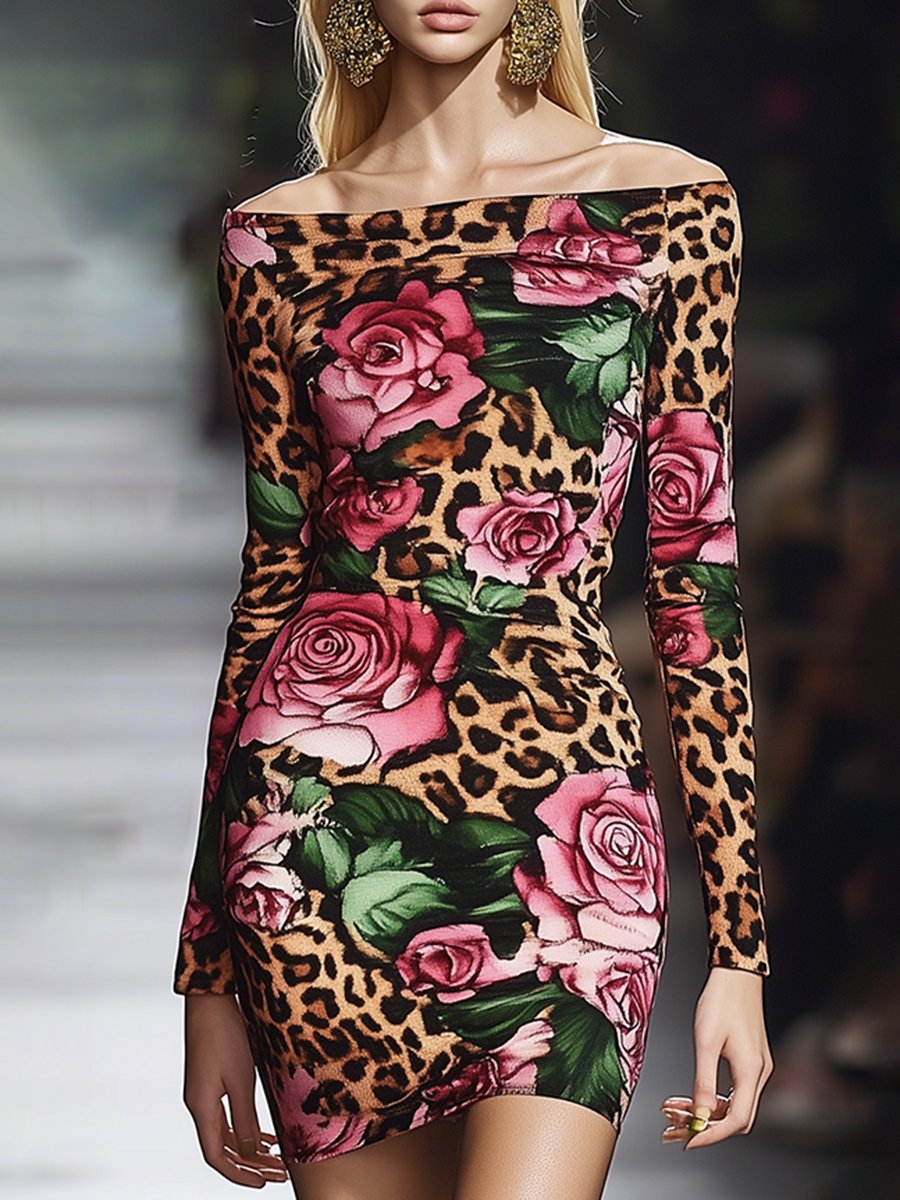 Sexy And Fashionable Slim Fit Leopard Rose Print Long Sleeve Mini Dress