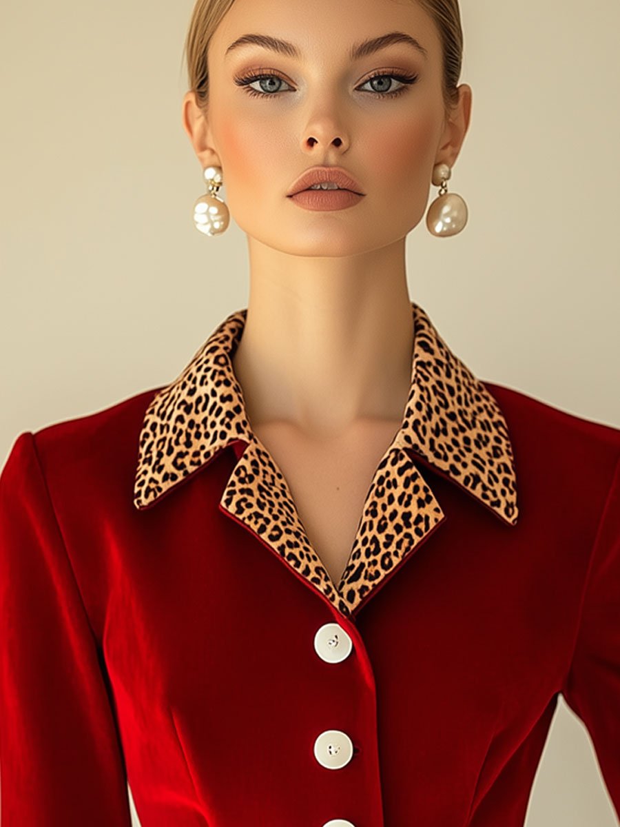 Casual Loose Retro Red Velvet Stitching Leopard Print Long-Sleeved Blouse