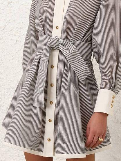 Classic Cotton Lapel Striped Shirt Mini Dress