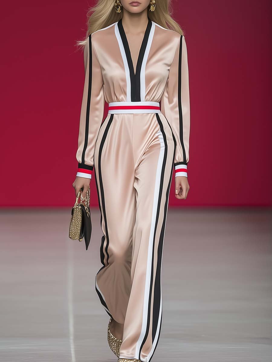 Elegant Sporty V-neck Black and White and Red Striped Beige Jumpsuit