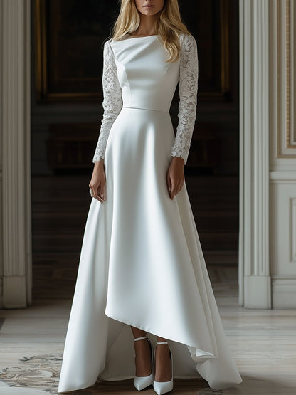 Classic Wedding Dress Style Lace Paneled Satin Long Sleeve Maxi Dress