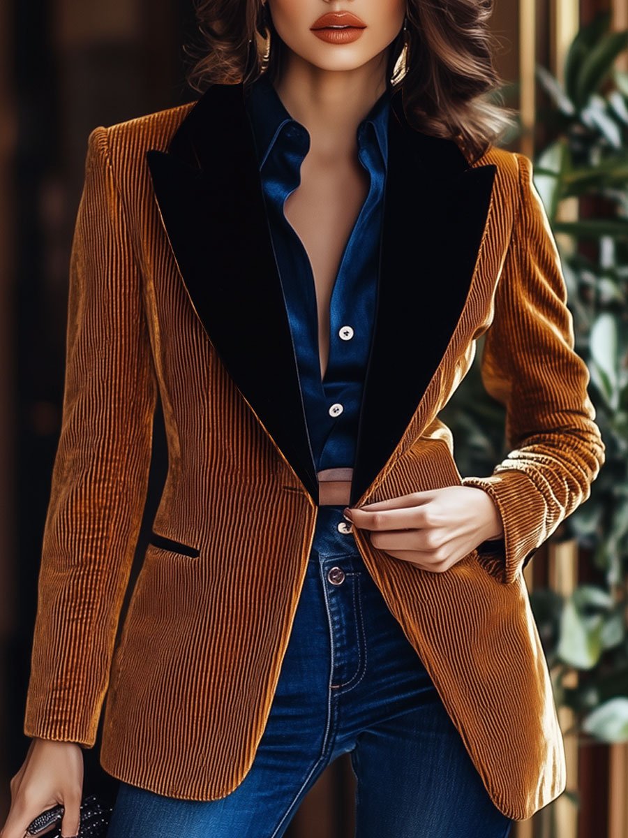 Casual Loose Retro Corduroy Colorblock Lapel Blazer