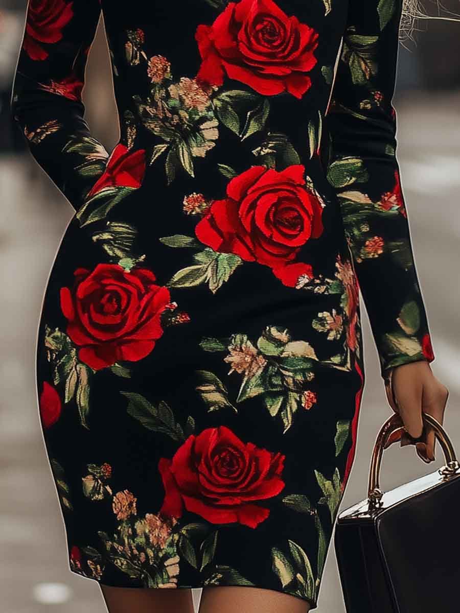 Elegant and Bright Straight Collar Rose Print Mini Dress