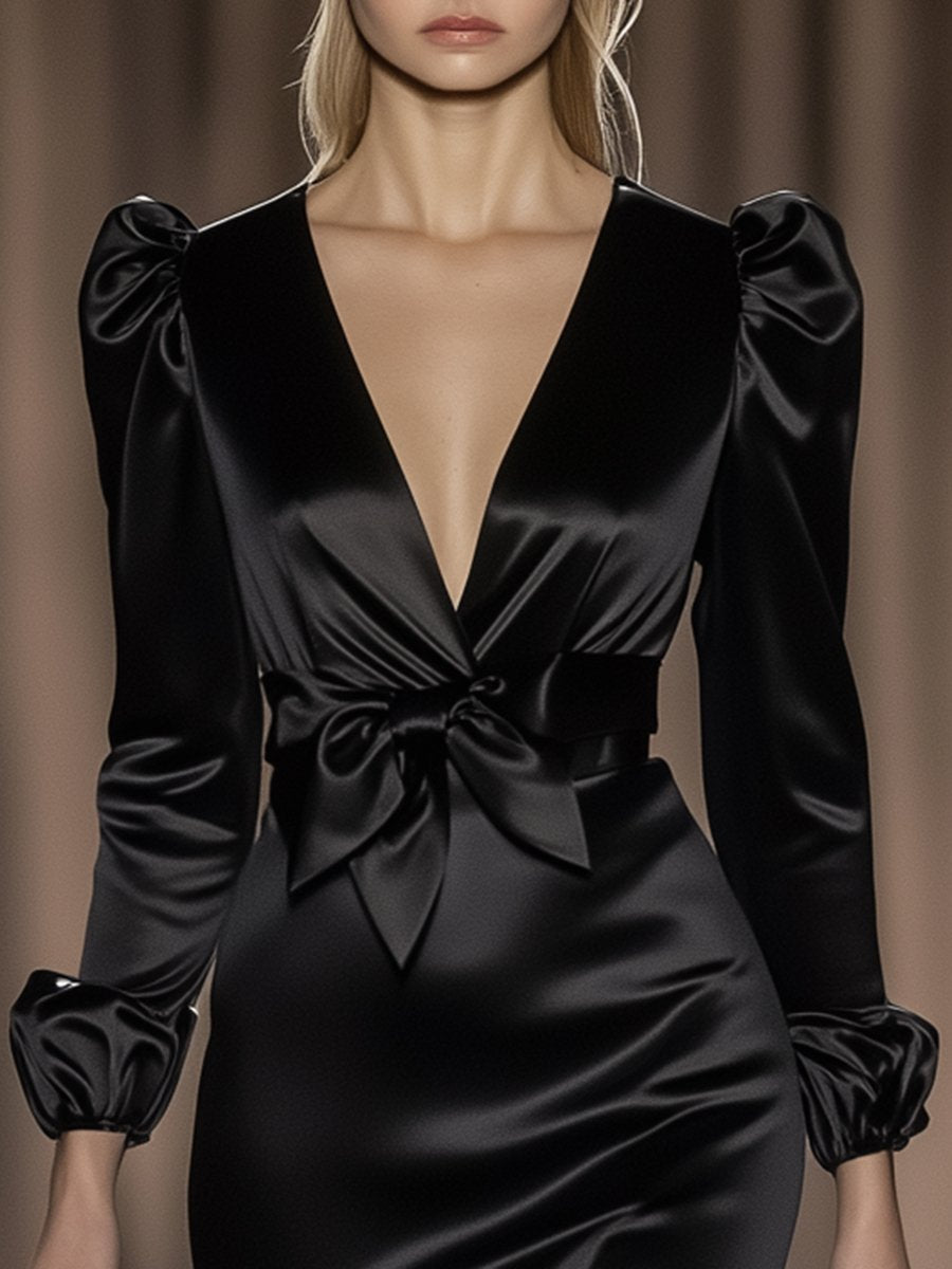 Elegant and Sexy V-neck Black Satin Puff Shoulder Long-sleeved Midi dress