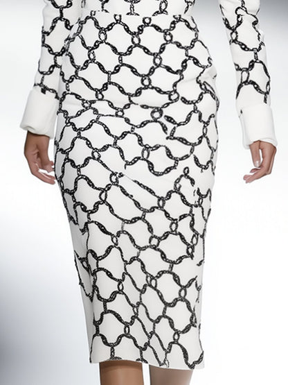 High-end Elegant Fashionable Chain Printed White Midi Dress