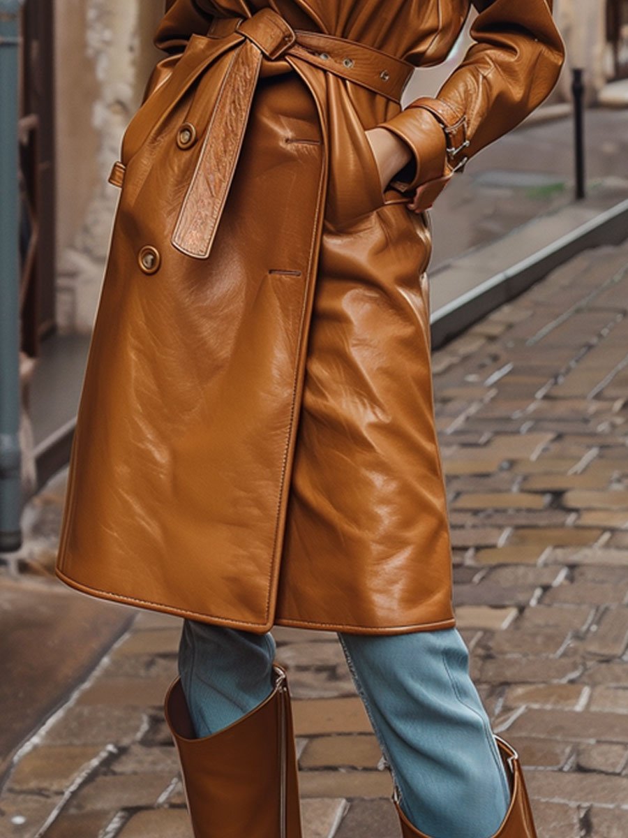 Casual Loose Double Breasted Vintage Belt Pocket Leather Trench Coat