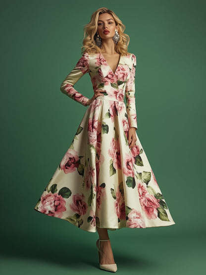 Retro Elegant Floral Print A-Line Midi Dress