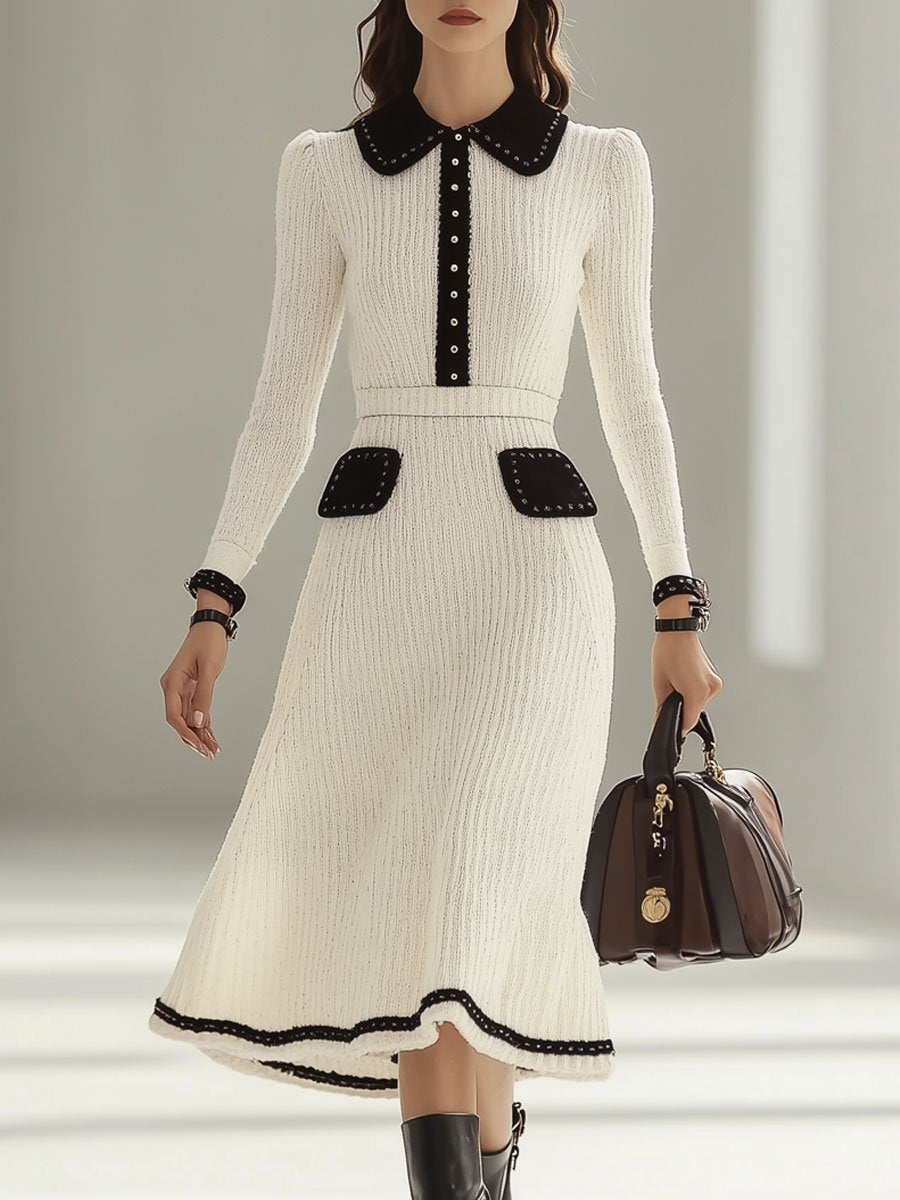 Fashion Retro Knitted Colorblock Long Sleeve Midi Dress