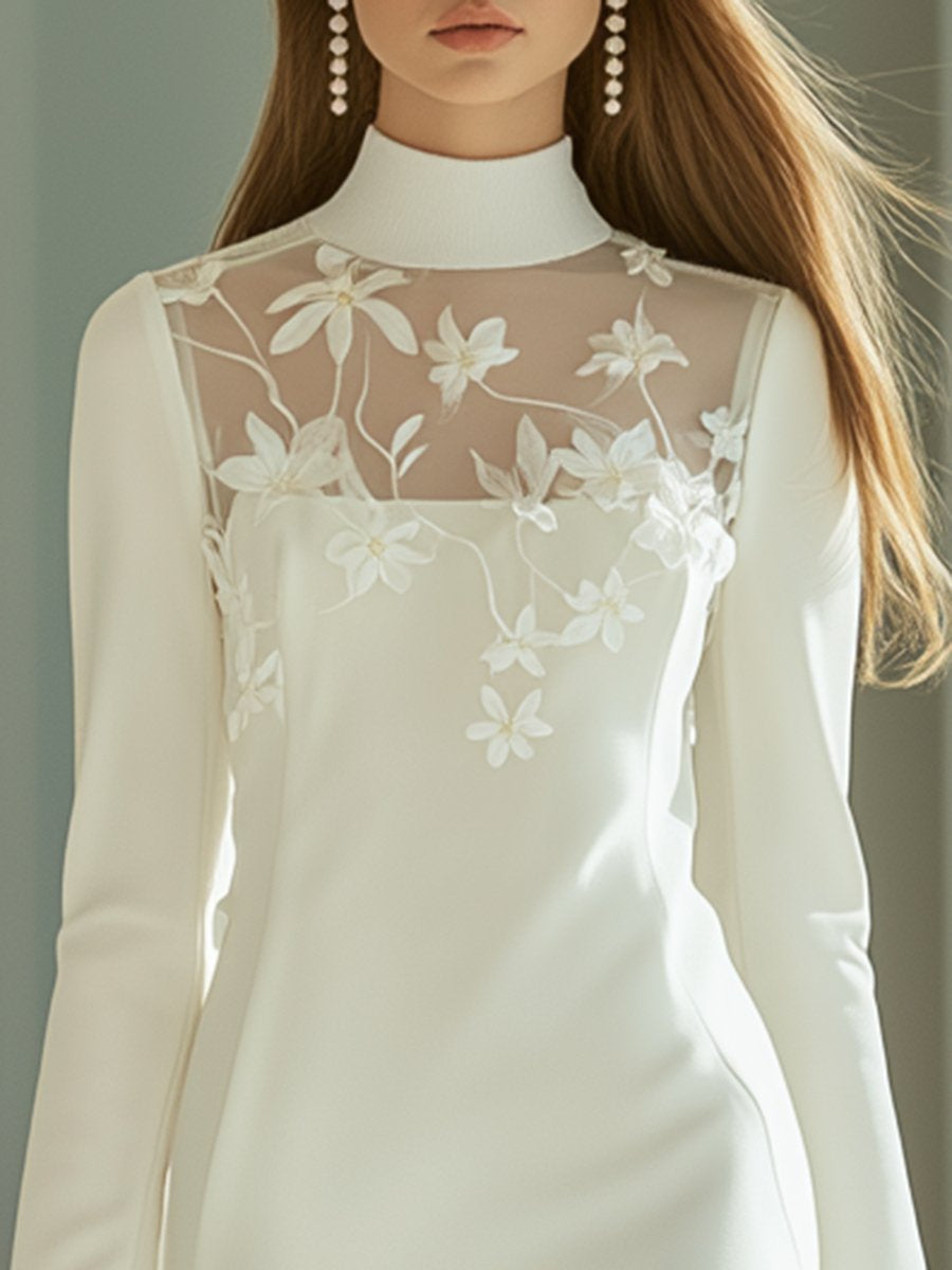 Charming and Elegant White See-through Collar Embroidered Long-sleeved Slit Midi Dress