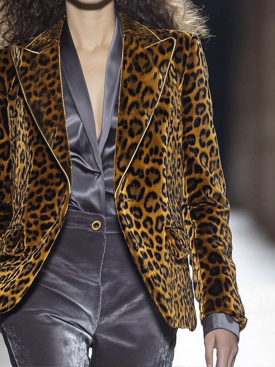 Casual Loose Velvet Leopard Print Lapel Blazer