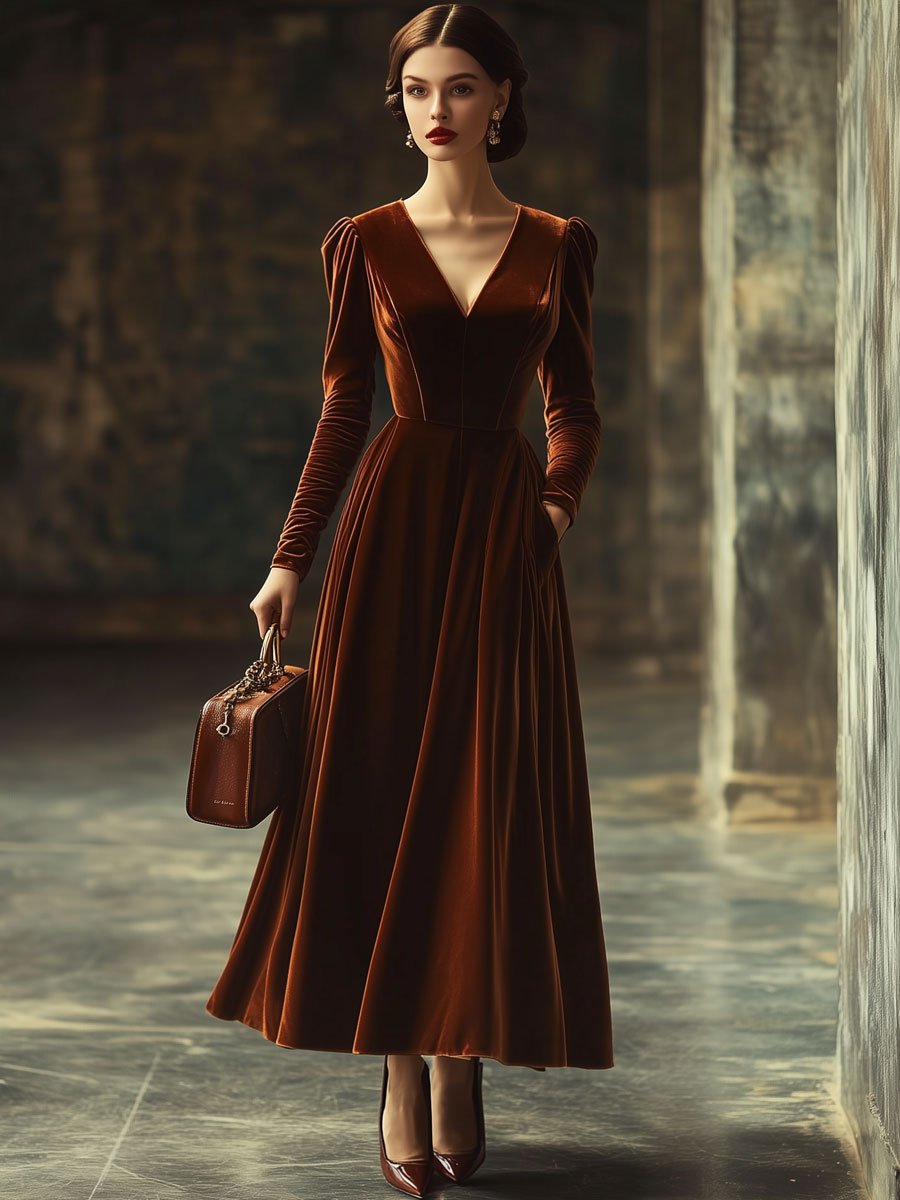 Solid Color Velvet Long Sleeve V-Neck Retro Fashion Party Maxi Dress