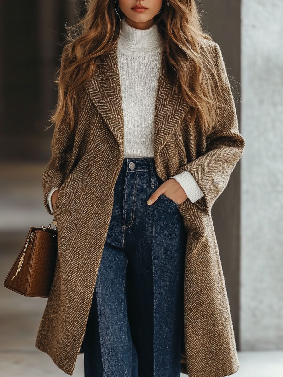 Casual Loose Vintage Wool Twill Mid-Length Lapel Pocket Coat