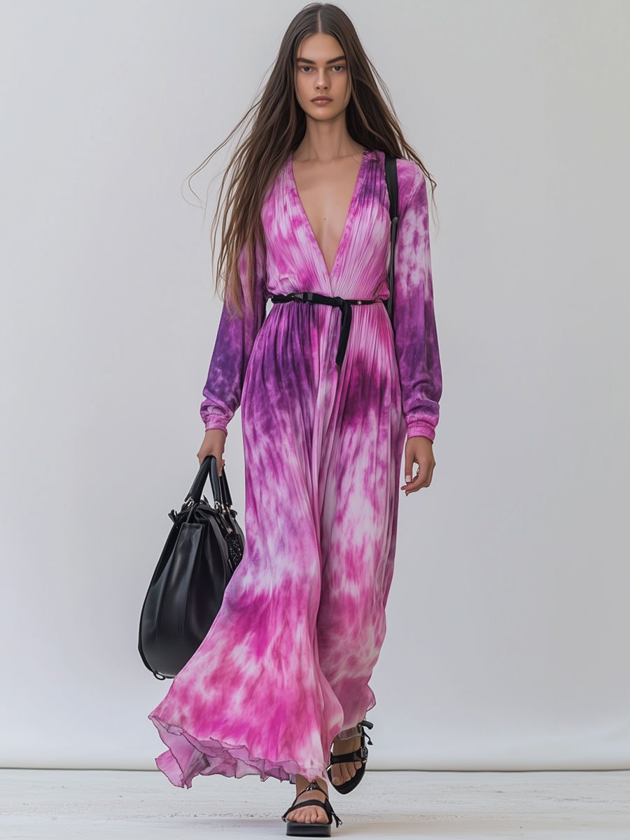 Fashion Holiday Pink Tie-Dye V-Neck Long-Sleeved Maxi Dress