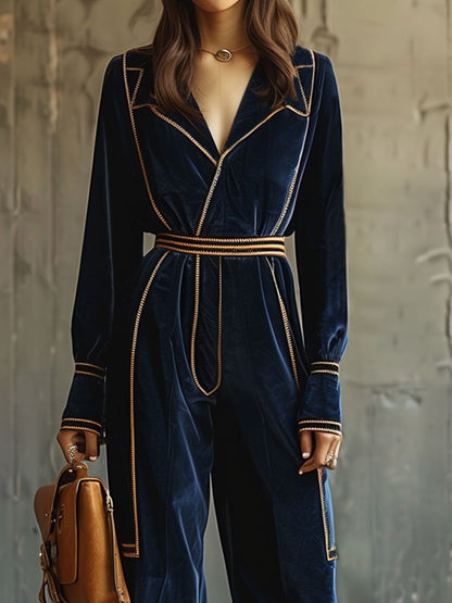 Casual Loose Retro Corduroy Contrast Line Long Sleeve Jumpsuit