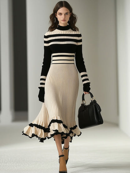 Fashion Retro Striped Long Sleeve Knitted Midi Dress