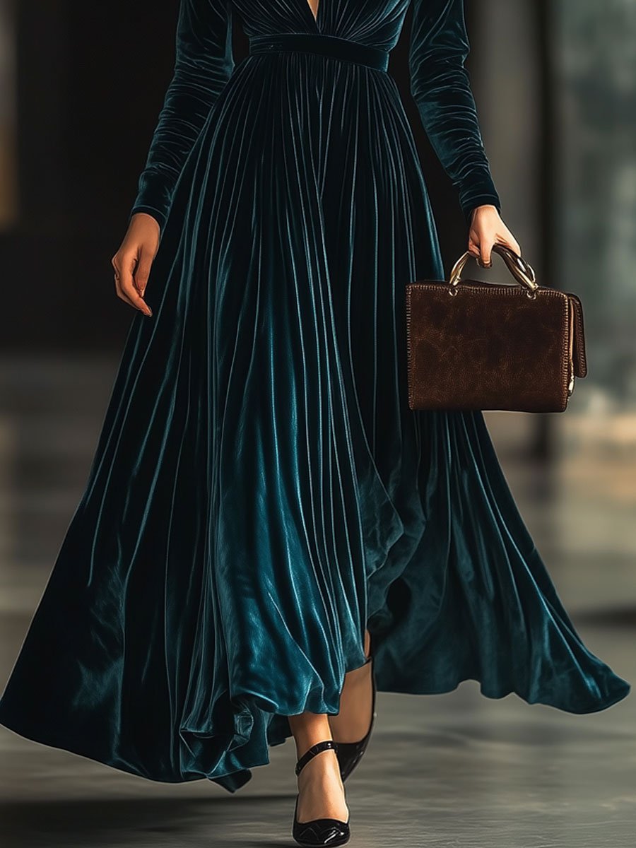 【24-hour shipping】V-Neck Fashion Party Solid Color Velvet Long-Sleeved Maxi Dress