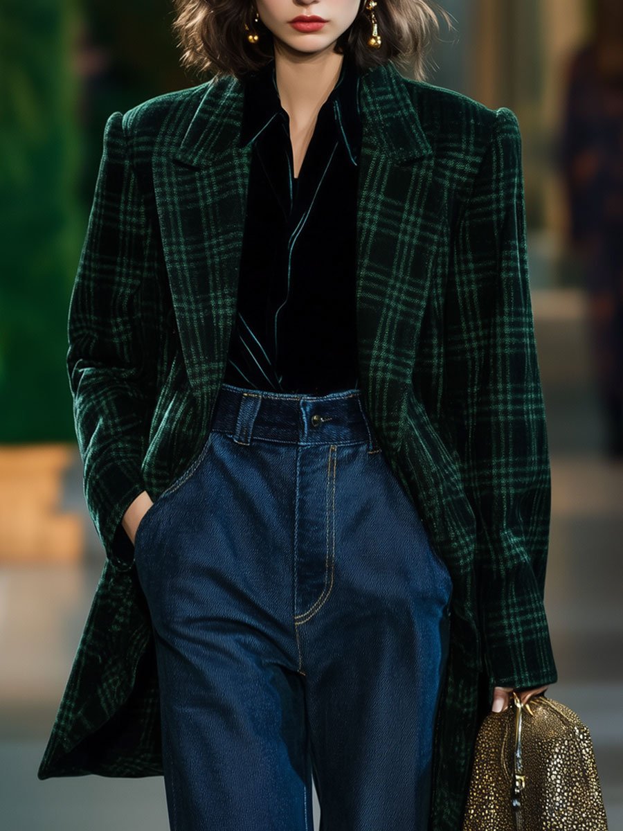 Casual Loose Retro Wool Green Plaid Pocket Coat