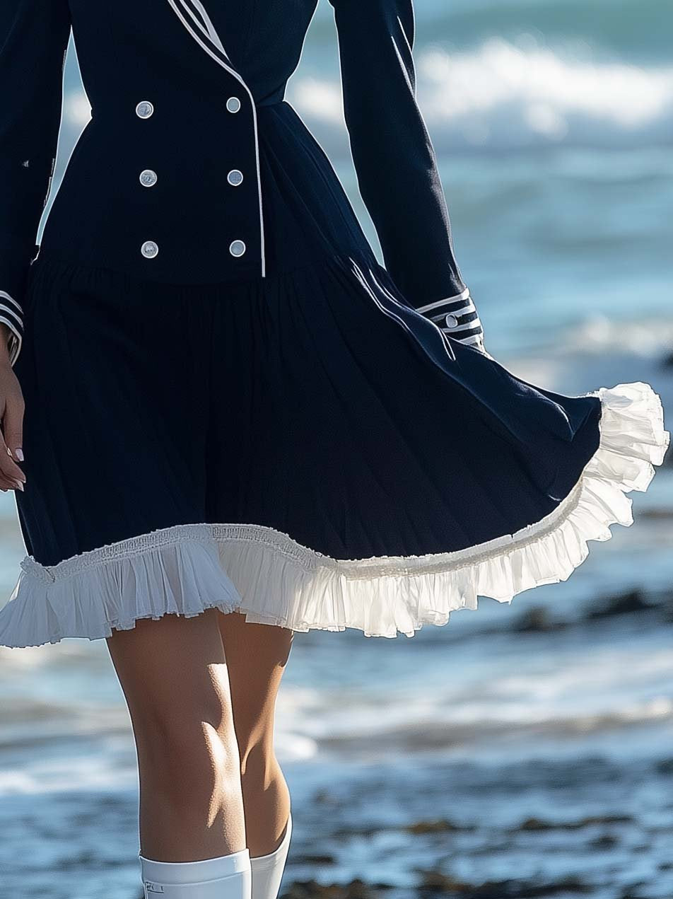 Smart Casual Ruffle Hem Navy Long Sleeve Mini Dress