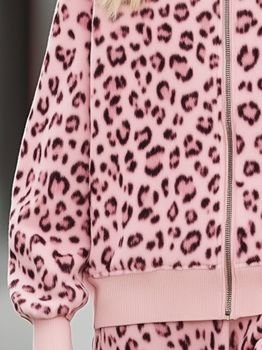 Casual Loose Fashion Hooded Pink Leopard Print Sweater Jacket