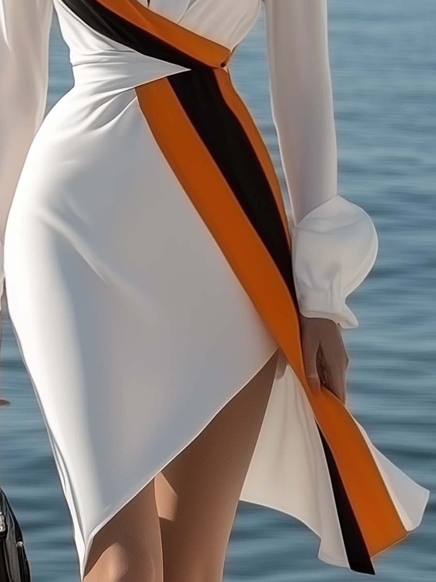 Fashion V-neck Orange and Black Contrast Wrap-around White Mini Dress