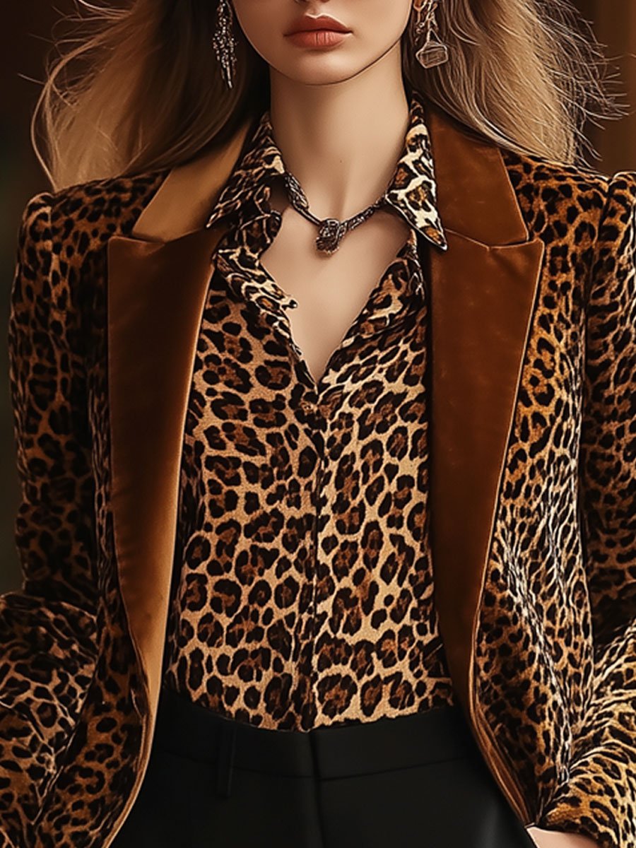 Casual Loose Vintage Velvet Leopard Print Solid Lapel Blazer