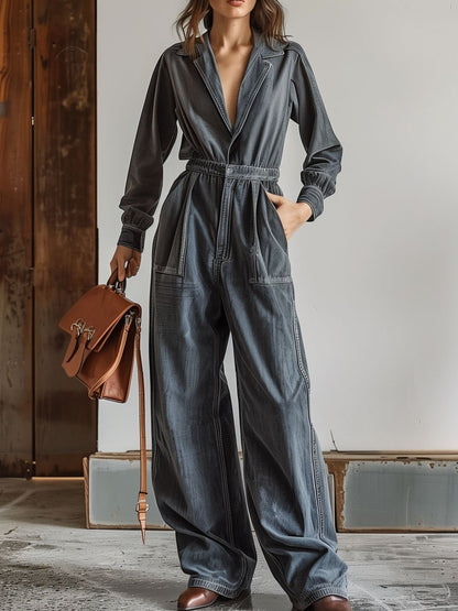 Casual Retro Lapel Elastic Waist Long Sleeve Wide Leg Denim Jumpsuit