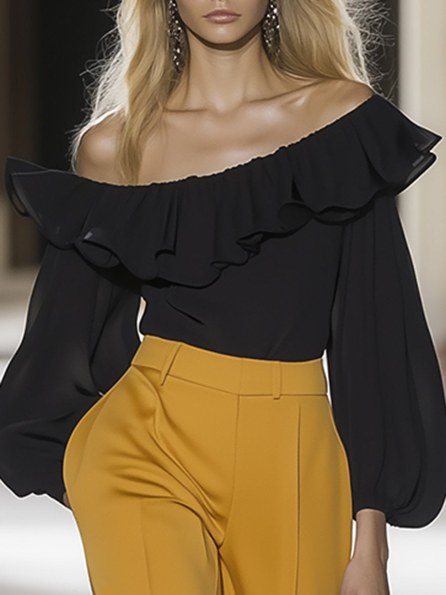 Fashionable And Elegant One-Shoulder Ruffled Chiffon Top